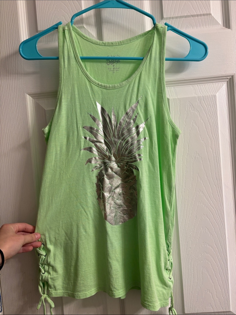 Girls Vintage Justice Lime Green Tank with Metallic Pineapple Graphic